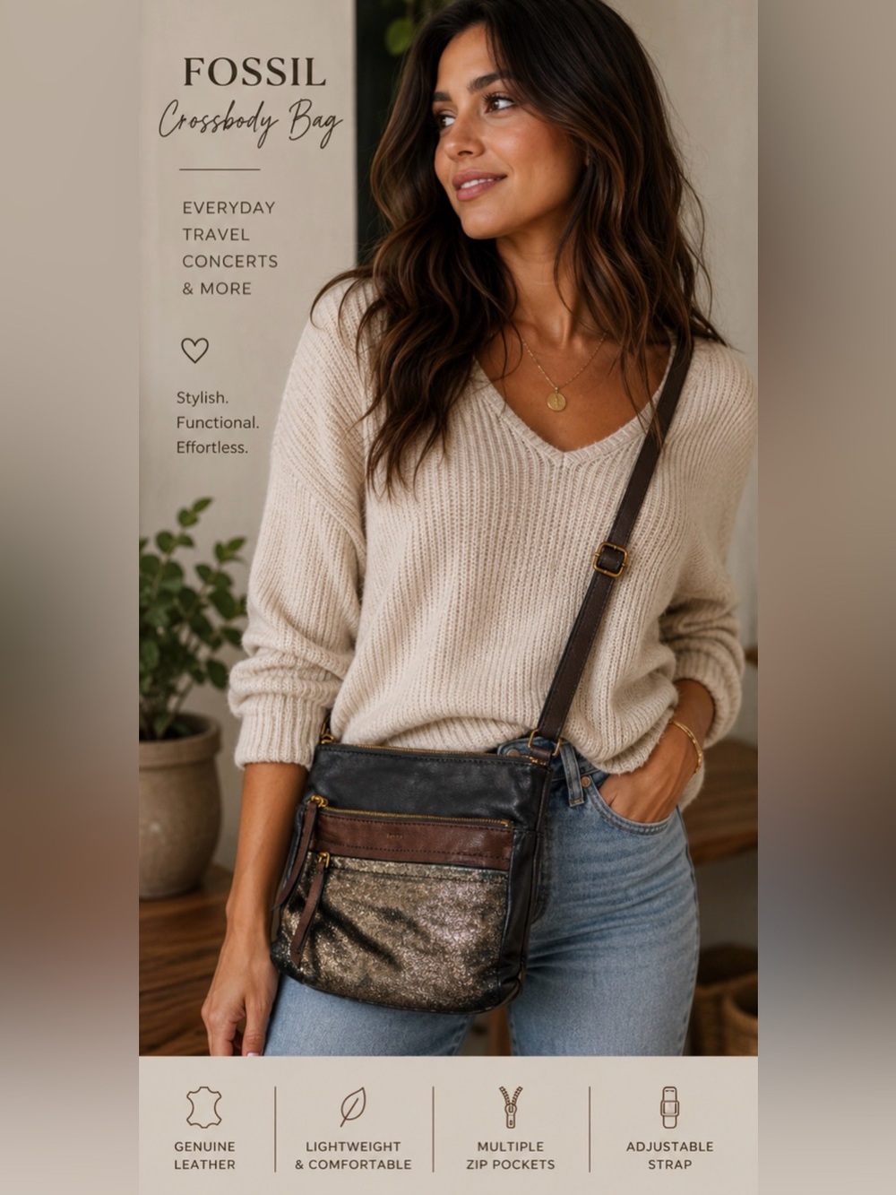 Fossil Metallic Leather Crossbody Bag | Bronze‎ Shimmer Multi Zip Purse